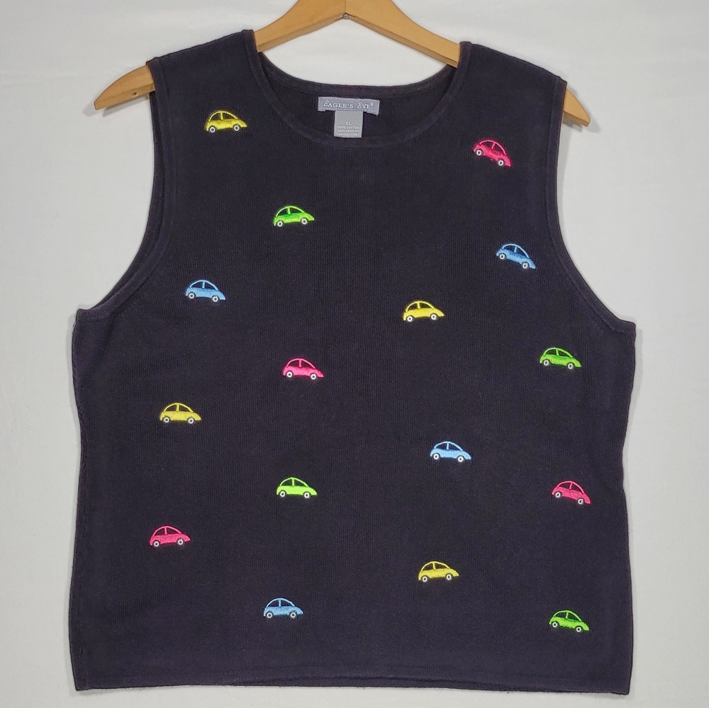 Eagel's Eye Vintage Women's Black Pullover Sweater Vest Embroidered Car Size XL